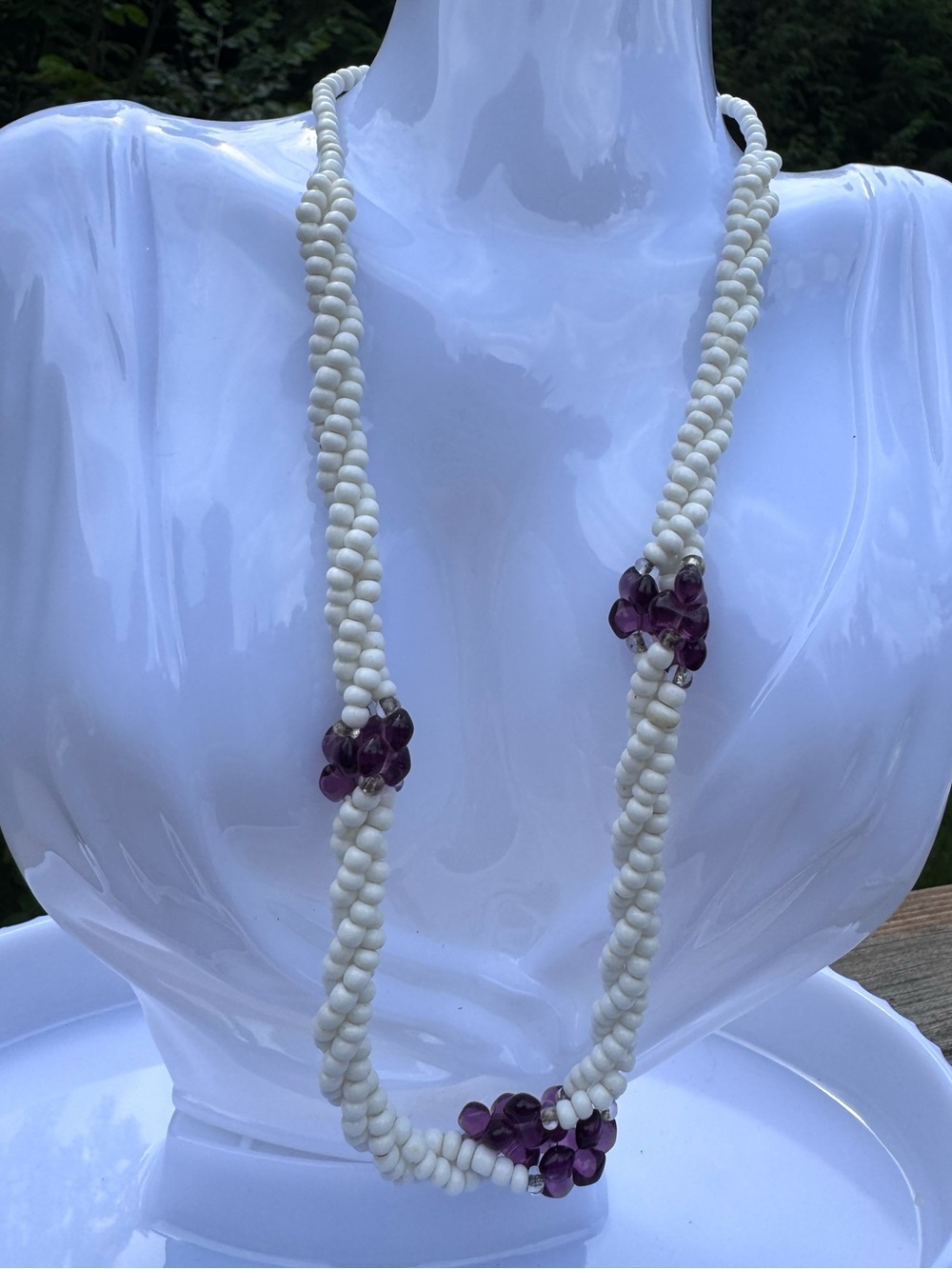 Handcrafted Twisted White Bead Necklace with Purple glass/amethyst